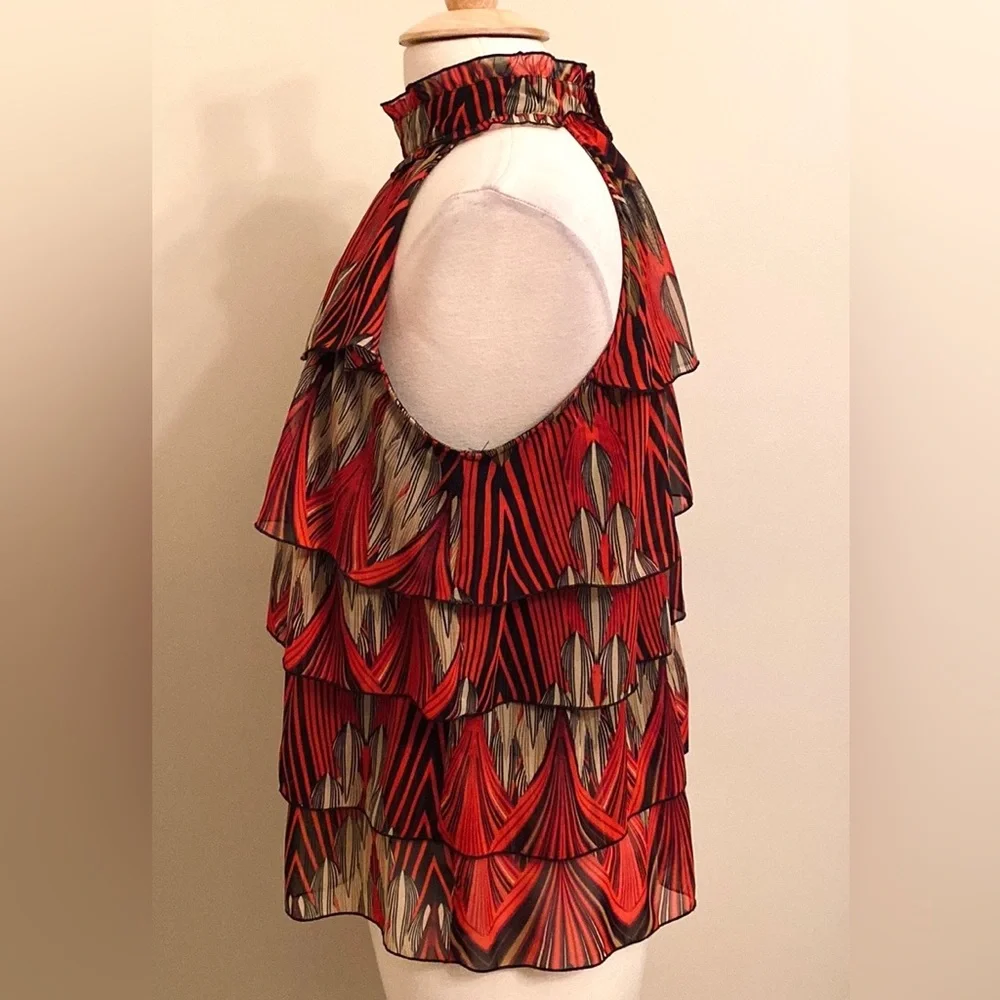 Adiva Black Red Tan Geometric SZ L High Neck Boho Chic Earthy Modern Halter Top - Picture 6 of 11